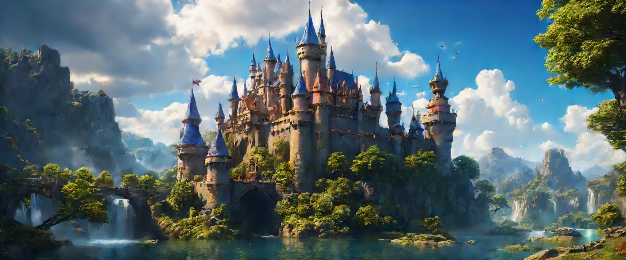 a moving castle,enchanted castle,spectacular moving fortress,beautifully wrought masterpiece:1.2,ultra-detailed,realistic:1.37,animating bricks and stones:moving,spiraling towers and flags,vibrant colors,glowing windows,enchanted forest,magic and fantasy elements,royal architecture and design,ancient secrets and mysteries,captivating,ethereal atmosphere,majestic,grandiose,imposing presence,roaming through landscapes,ever-changing surroundings,magical creatures,clouds of magic and spells,whimsical,otherworldly,sublime,unfathomable beauty,floating on a river of dreams,surreal,mesmerizing,lost in time,ever-evolving,powerful,enchanted by the unknown,dream-like,spellbinding,irresistible,joyful,unforgettable journey, wide view.