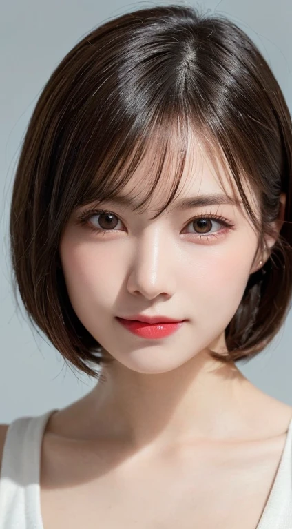 ((Close-up photo of the face:1.4)), Mix 4, (8K, RAW Photos, Highest quality, masterpiece: 1.45), (Realistic, Photorealistic: 1.37), One Girl, cute, Laughter, Professional Lighting, Plain,Photon Mapping, Radio City, Physically Based Rendering, Gradient Blonde Hair, Brown Hair, Very short hair,Gal,Tank top,Highest qualityの写真, High resolution, 1080P, (Beautiful face), (Detailed facial depiction), Vibrant, Extreme light and shadow, Bob Cut Hair, masterpiece, Rich details, (Detailed facial features), (Highest qualityの写真), (masterpiece), (Finely tuned), dual、Look in front of you, Thin clavicle,Simple white background