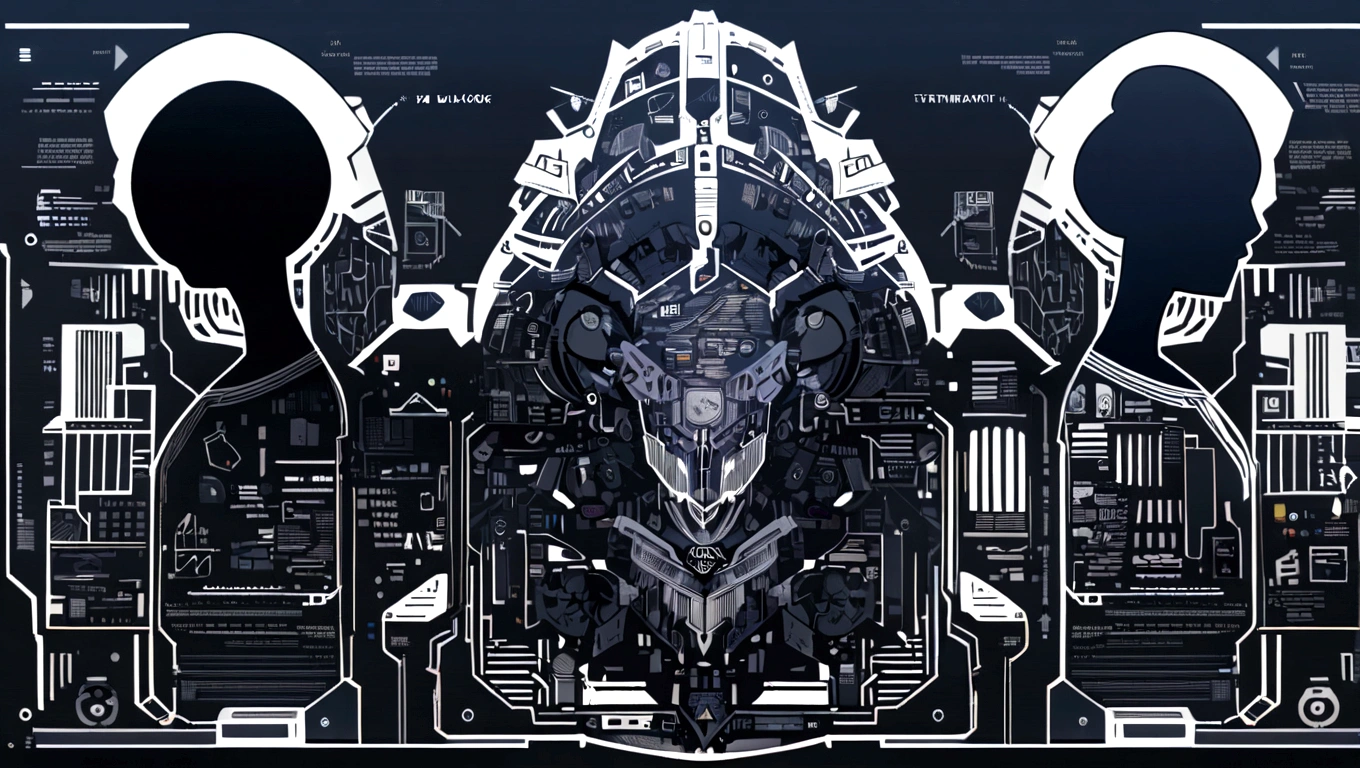 dark blue and other contrast color hero page ui ux theme website, contrast colors (mostly dark blue) theme, robotic city black and white silhouette, mouth drawing anatomy silhouette