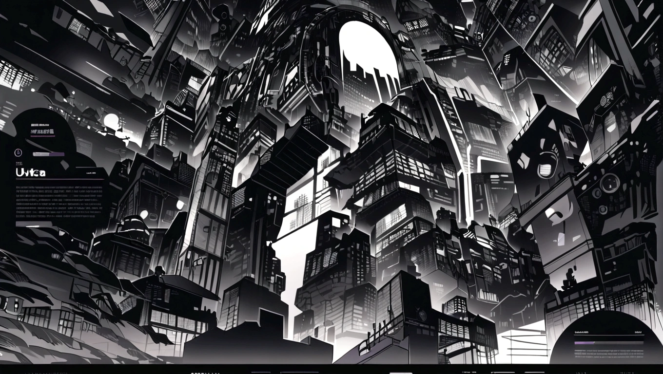 dark blue and other contrast color hero page ui ux theme website, contrast colors (mostly dark blue) theme, robotic city black and white silhouette, mouth drawing anatomy silhouette