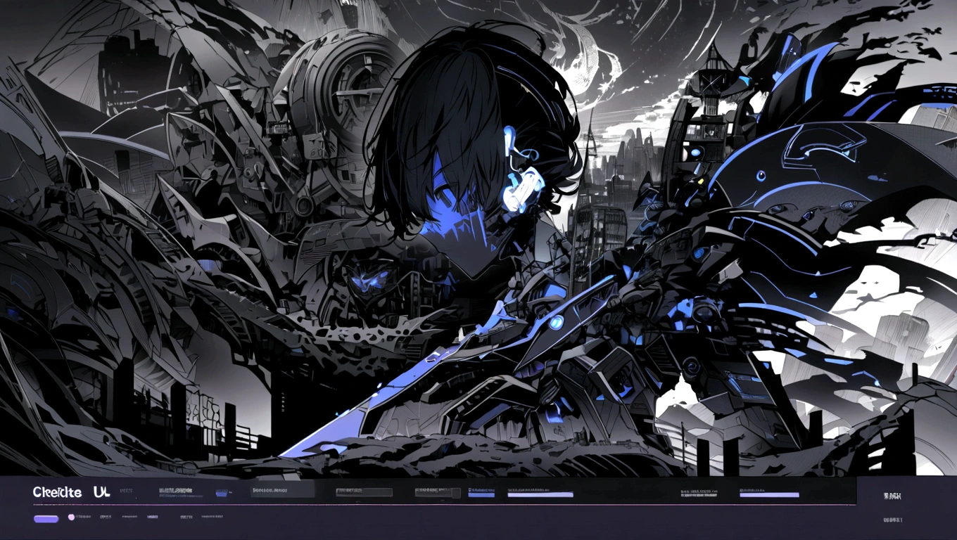 dark blue and other contrast color hero page ui ux theme website, contrast colors (mostly dark blue) theme, robotic city black and white silhouette, mouth drawing anatomy silhouette
