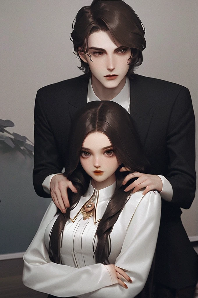 ((Лучшее качество)), ((шедевр)), (подробный), A guy with dark hair put a red-hot gun to the lips of a dark-haired girl