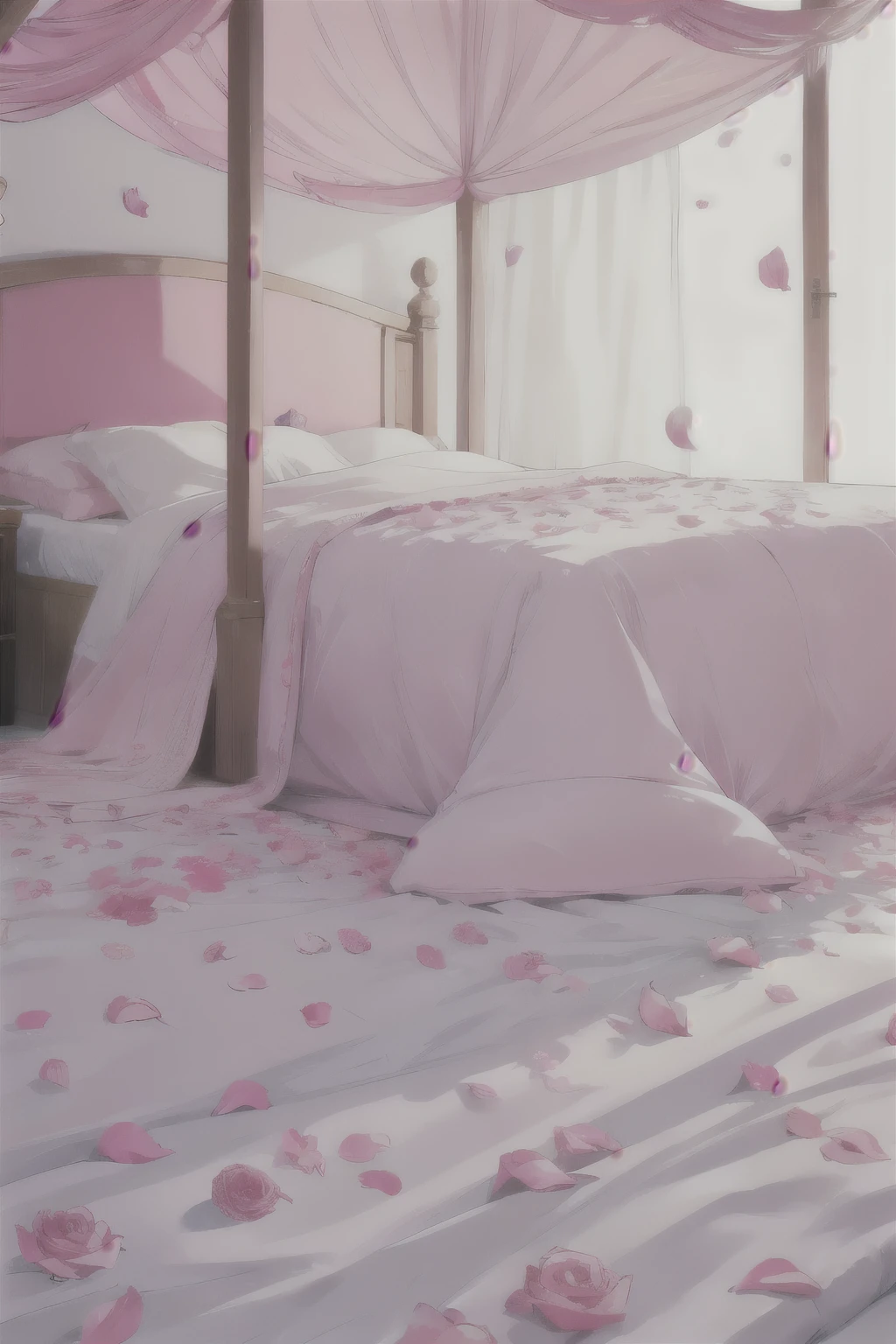 Pink canopy bed、A perfectly white room、The bed is covered with 1000 rose petals