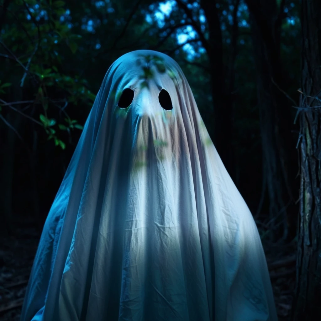 กลางแม่น้ำ very dark focused flash photo of sheetghost person at night in the wood black background