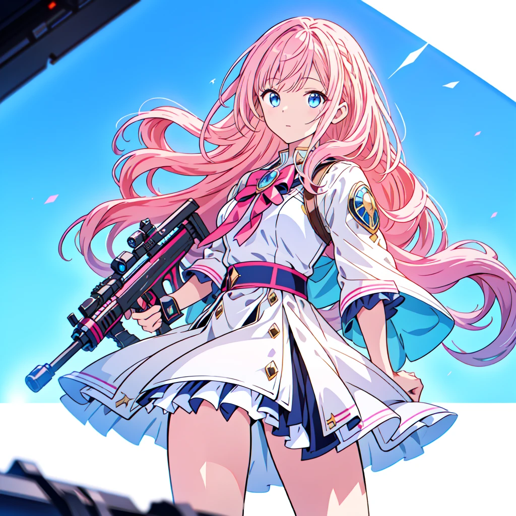 One girl、[17277fbe68],He threatened Hideo.、high quality、Maximum details、(((最high quality、masterpiece、Official Art、Best dynamic composition)))、(Thin Hair)、(Tabletop, 最high quality), Very detailed, Anime Style, whole body, Cyberpunk Girl, Gripping a high-tech rifle, Milky white and pink hair, Sparkling blue eyes, Wearing a magical girl costume , 8K high resolution, Trend Art Station, White Background, Standing in the Wilderness, whole body,