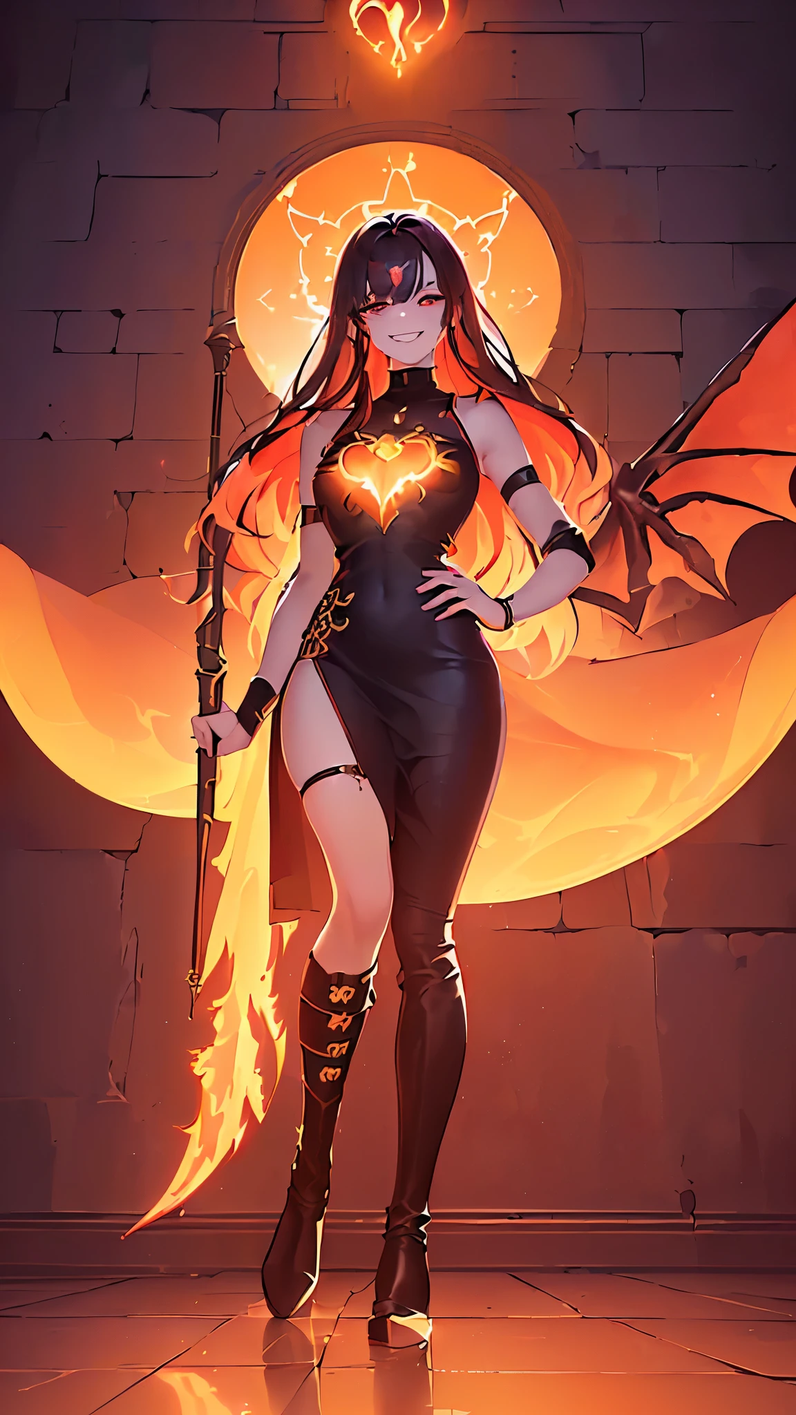 Name: Hibiscus Maki
Element: FLAMARA
Description: A determined and fiery young woman known for her unyielding spirit and volcanic tempe Durchas the Wolf's Heart, She-Who-Commands-the-Flames, Master of Pyre. Tenderly nurturing her forgiven foes and fiercely protecting her home.
Prompt: ((((Masterpiece, ScenarioTitle, full body, smiling,оainte Goldeatto, long black hair, wistful expression, ({fair skin}), orange beaming eyes, detailed half-opened eyes, tall slender figure, thigh high marsupial leather boots, holding a staff topped with a floating ball of flames, arms along sides, complex background, distant ruins, ((heart shaped markings on cheeks), comely youth, glowing red Gardrobe and pauldron above dragon woven armbands, reflective gleam, multicolored retin}}{ personality: hot headed, determined, fierce, caring, Calculating, Absolute)), contained, waterfront, morning, beautiful mirror, 24 years old