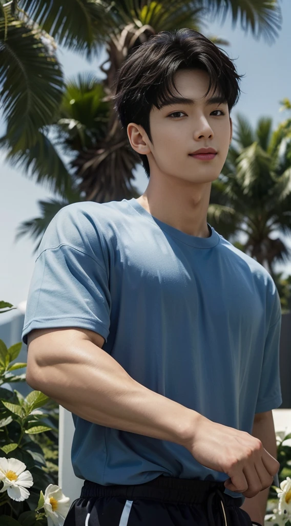 (As a matter of fact, Masterpiece, 8k HD, good light quality, sportswear, fit the face, complicated details), A handsome, muscular young Korean man. ,(Broad shoulders:1.3), 20 years old, be happy, smile brightly, detailed face, delicate eyes, มองดูsky, Wear a navy tight T-shirt.:1.6, period, black eyes, Black hair color, ผมsmooth, smooth, outdoor sports, Along the garden, Sunny,sky，Surreal，Awesome details，Highest quality，real，Open your mouth to talk.