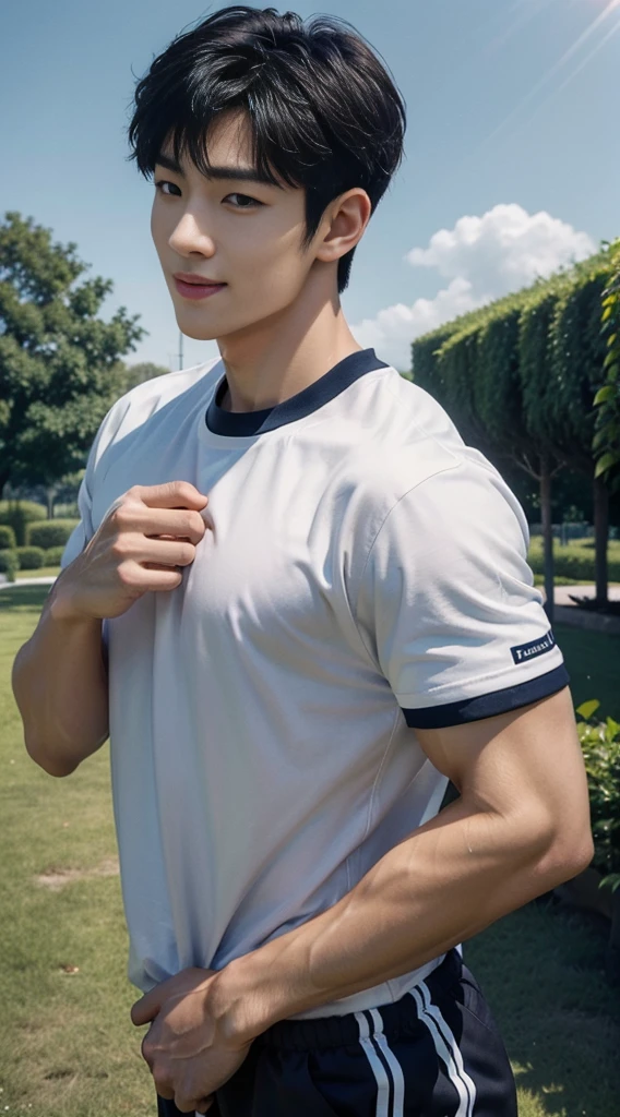 (As a matter of fact, Masterpiece, 8k HD, good light quality, sportswear, fit the face, complicated details), A handsome, muscular young Korean man. ,(Broad shoulders:1.3), 20 years old, be happy, smile brightly, detailed face, delicate eyes, มองดูsky, Wear a navy tight T-shirt.:1.6, period, black eyes, Black hair color, ผมsmooth, smooth, outdoor sports, Along the garden, Sunny,sky，Surreal，Awesome details，Highest quality，real，Open your mouth to talk.