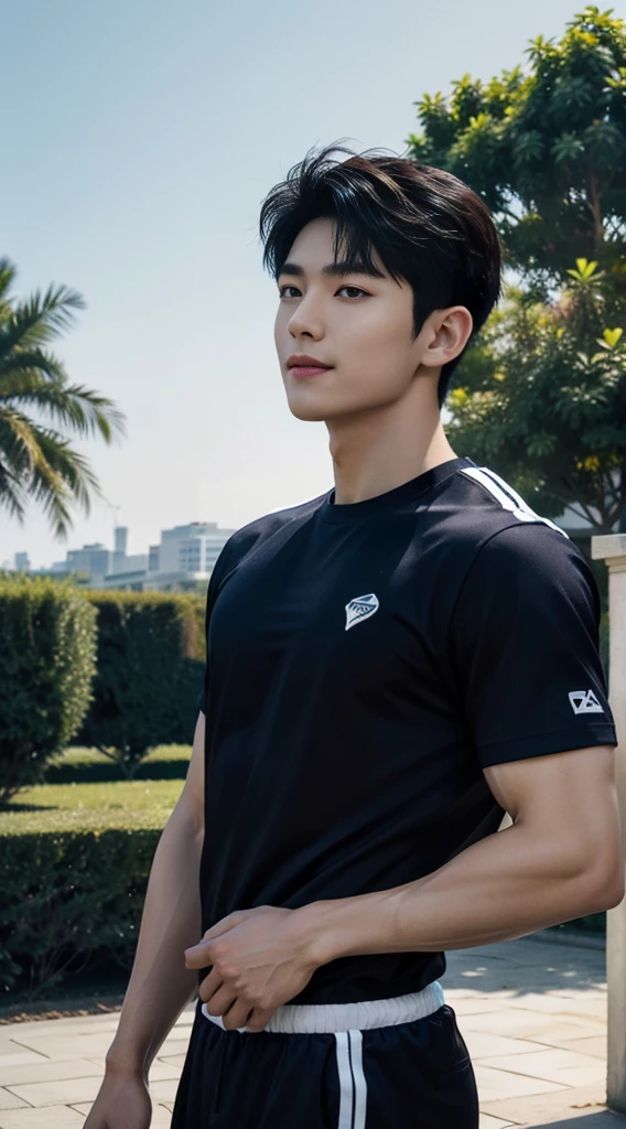 (As a matter of fact, Masterpiece, 8k HD, good light quality, sportswear, fit the face, complicated details), A handsome, muscular young Korean man. ,(Broad shoulders:1.3), 20 years old, be happy, smile brightly, detailed face, delicate eyes, มองดูsky, Wear a navy tight T-shirt.:1.6, period, black eyes, Black hair color, ผมsmooth, smooth, outdoor sports, Along the garden, Sunny,sky，Surreal，Awesome details，Highest quality，real，Open your mouth to talk.