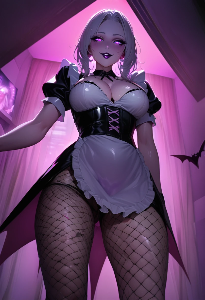 1 mature and seductive woman,(Detailed Description,Incredibly absurd,High resolution,8k wallpaper,masterpiece,Highest quality,Depth of region,Anatomically accurate depiction),(Glowing Skin,Shiny skin,Oilskin),((Succubus disguised as a maid)),(black and white maid outfit,Maid Skirt,corset,Fishnet tights,small devil wings),eyelash,(Luminous purple eyes,Eyes of Madness,There is cleavage in the chest,Bewitching Smile,Glossy lipstick,Seductive gestures,A condescending gaze on the viewer),Sweat,(whole body),(background:Bedroom at night),Pink light,(From below:1.2)