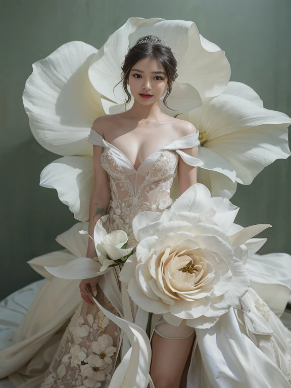 arafed woman in a wedding dress holding a bouquet of flowers, wedding dress, heonhwa choe, flower goddess, intricate gown, dressed beautiful gown, soft and intricate, intricate wlop, romantic gown, beautiful gown, closeup portrait shot, jinyoung shin, ethereal details, fantasy long intricate gown, seseon yoon, & jeehyung lee & wlop