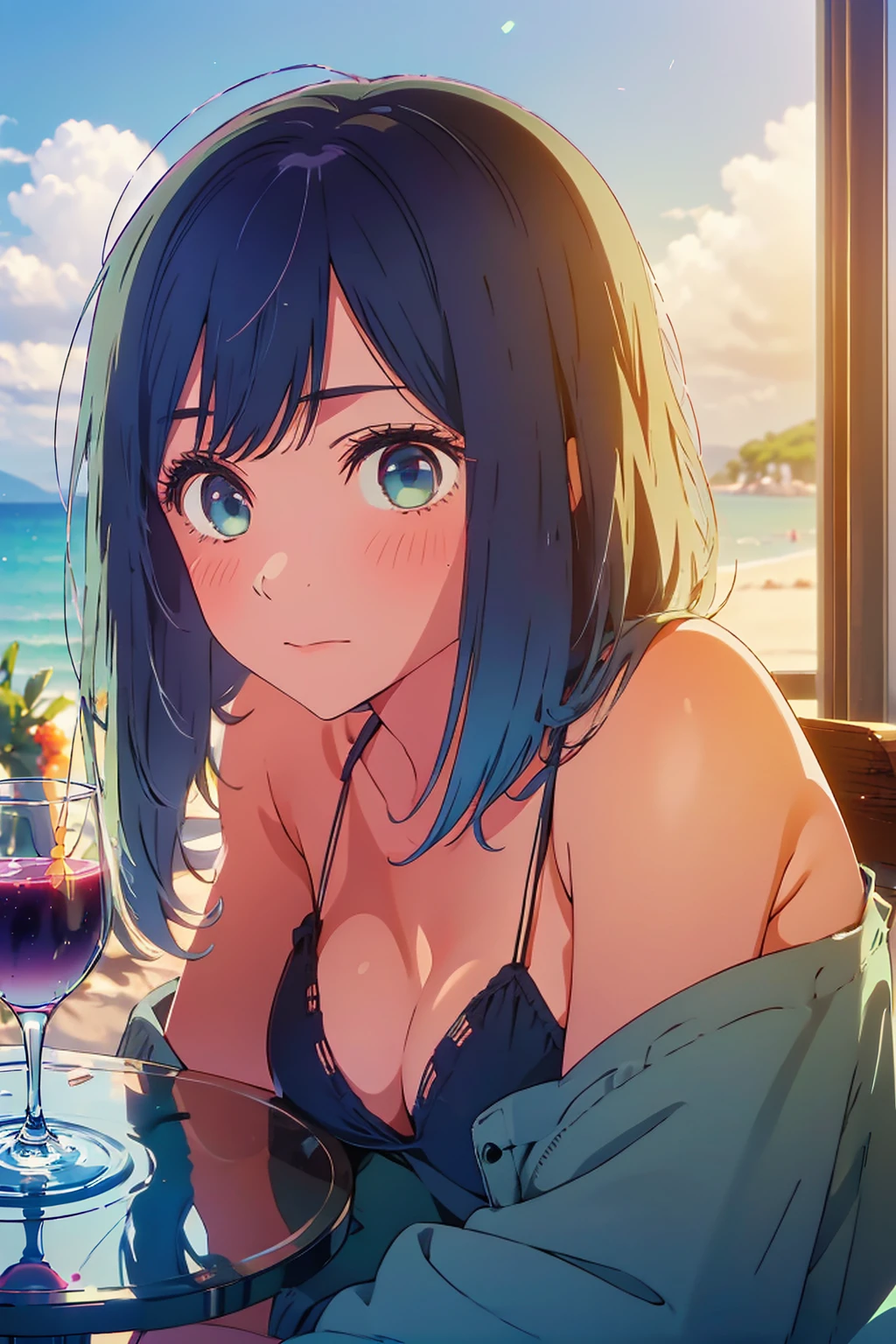 (Highest quality:1.4、masterpiece:1.4、Super detailed:1.4、8K:1.4)、F cup bust、Big Breasts、Slim body、((((1 person、sit、looking at the camera、Outdoor café terrace、coastal、Navy hair color、juice、table、Sandy Beach、sunset、bikini、juiceのグラスを持つ、Very cute face))))、Big eyes、((((Shallow depth of field))))