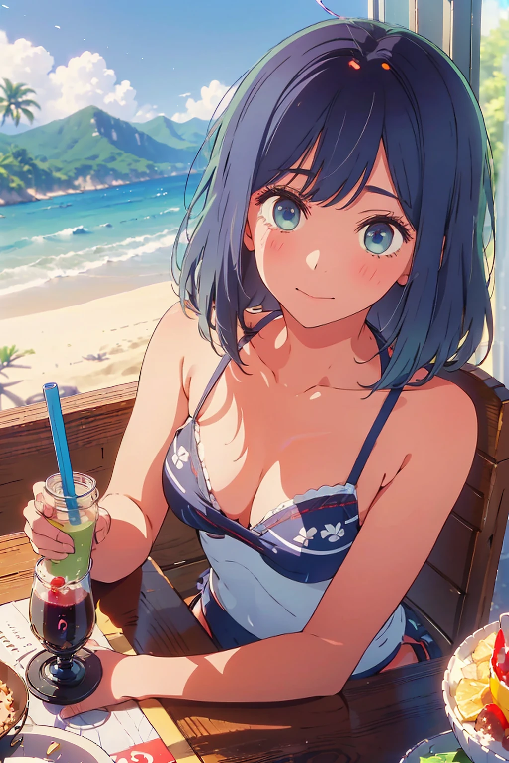(Highest quality:1.4、masterpiece:1.4、Super detailed:1.4、8K:1.4)、F cup bust、Big Breasts、Slim body、((((1 person、sit、looking at the camera、Outdoor café terrace、coastal、Navy hair color、juice、table、Sandy Beach、sunset、bikini、juiceのグラスを持つ、Very cute face))))、Big eyes、((((Shallow depth of field))))