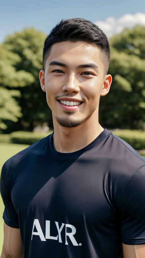 Tony Labrusca, (As a matter of fact, Masterpiece, 8k HD, good light quality, sportswear, fit the face, complicated details), A handsome, muscular young Korean man. , 20 years old, be happy, smile brightly, detailed face, delicate eyes, มองดูsky, Wear a navy tight T-shirt.:1.6, period, black eyes, Black hair color, ผมsmooth, smooth, outdoor sports, Along the garden, Sunny,sky，Surreal，Awesome details，Highest quality，real，Open your mouth to talk.