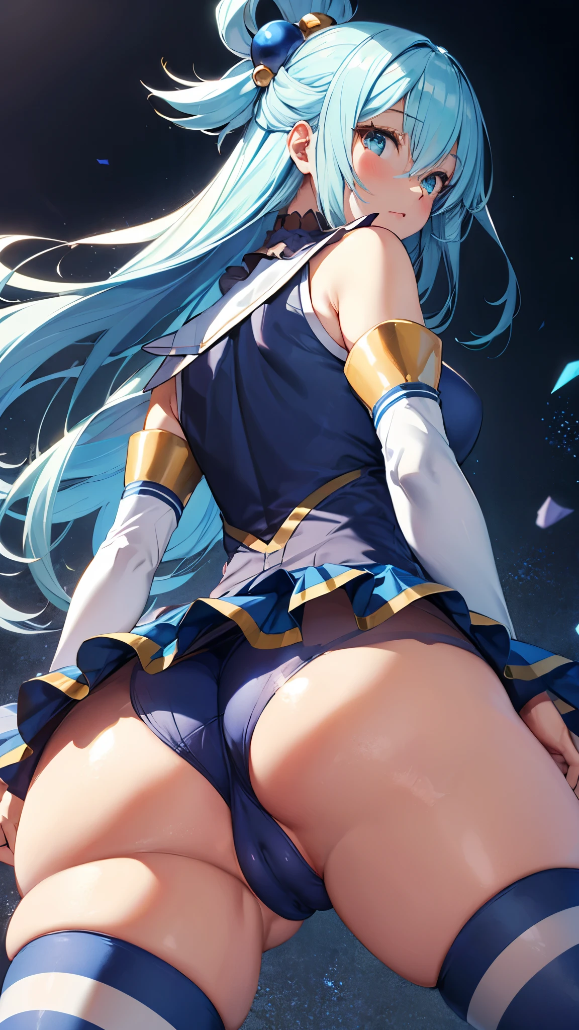 aaaqua, long hair, blue hair, hair rings, hair ornament, choker, bare shoulders, green bow, blue shirt, detached sleeves, blue skirt, thighhighs,(((raise ASS:1.3))),(ass focus,from behind:1.3),(looking back,all fours:1.3),(cameltoe:1.3), masterpiece,Noise Reduction,perfect anatomy,high resolution, ultra-detailed,game cg,dutch angle ,beautiful detailed eyes,visualart,five fingers, perfect hands, perfect lighting,