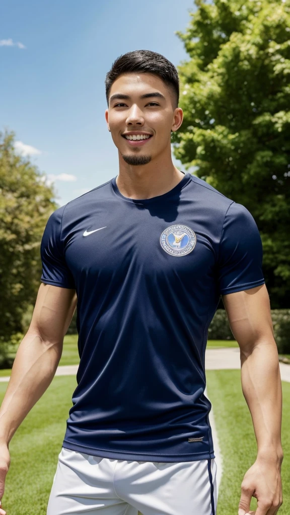 Tony Labrusca, (As a matter of fact, Masterpiece, 8k HD, good light quality, sportswear, fit the face, complicated details), A handsome, muscular young Korean man. , 20 years old, be happy, smile brightly, detailed face, delicate eyes, มองดูsky, Wear a navy tight T-shirt.:1.6, period, black eyes, Black hair color, ผมsmooth, smooth, outdoor sports, Along the garden, Sunny,sky,Surreal,Awesome details,Highest quality,real,Open your mouth to talk.