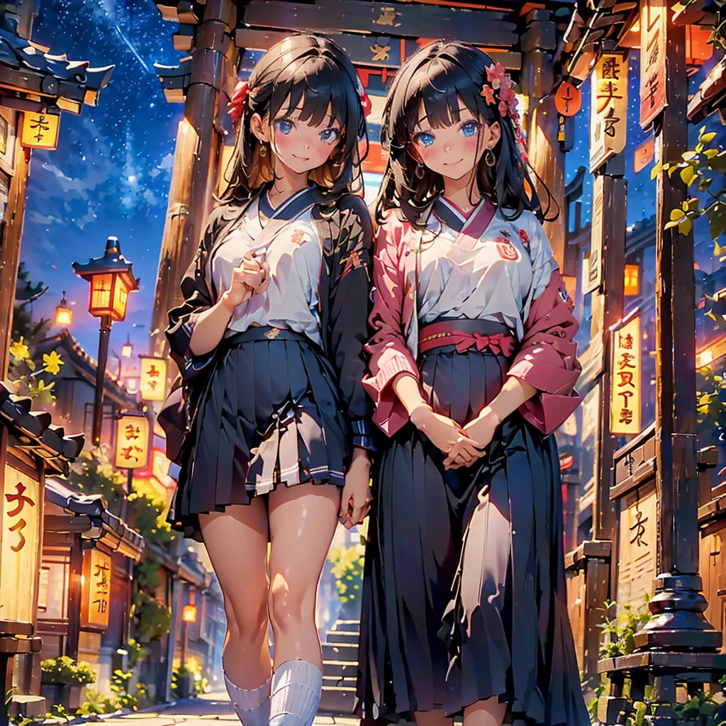 (masterpiece), (high resolution 8K), professional illustration,(1 girl), late teenage, standing, thigh focus, dutch angle, japanese clothes, kimono, hair ornament, long hair, smile, looking up, shrine, temple, torii, beautiful starry sky, natural lighting, high contrast, stunning face, symmetrical clear eyes, detailed eyes and face, detailed skin