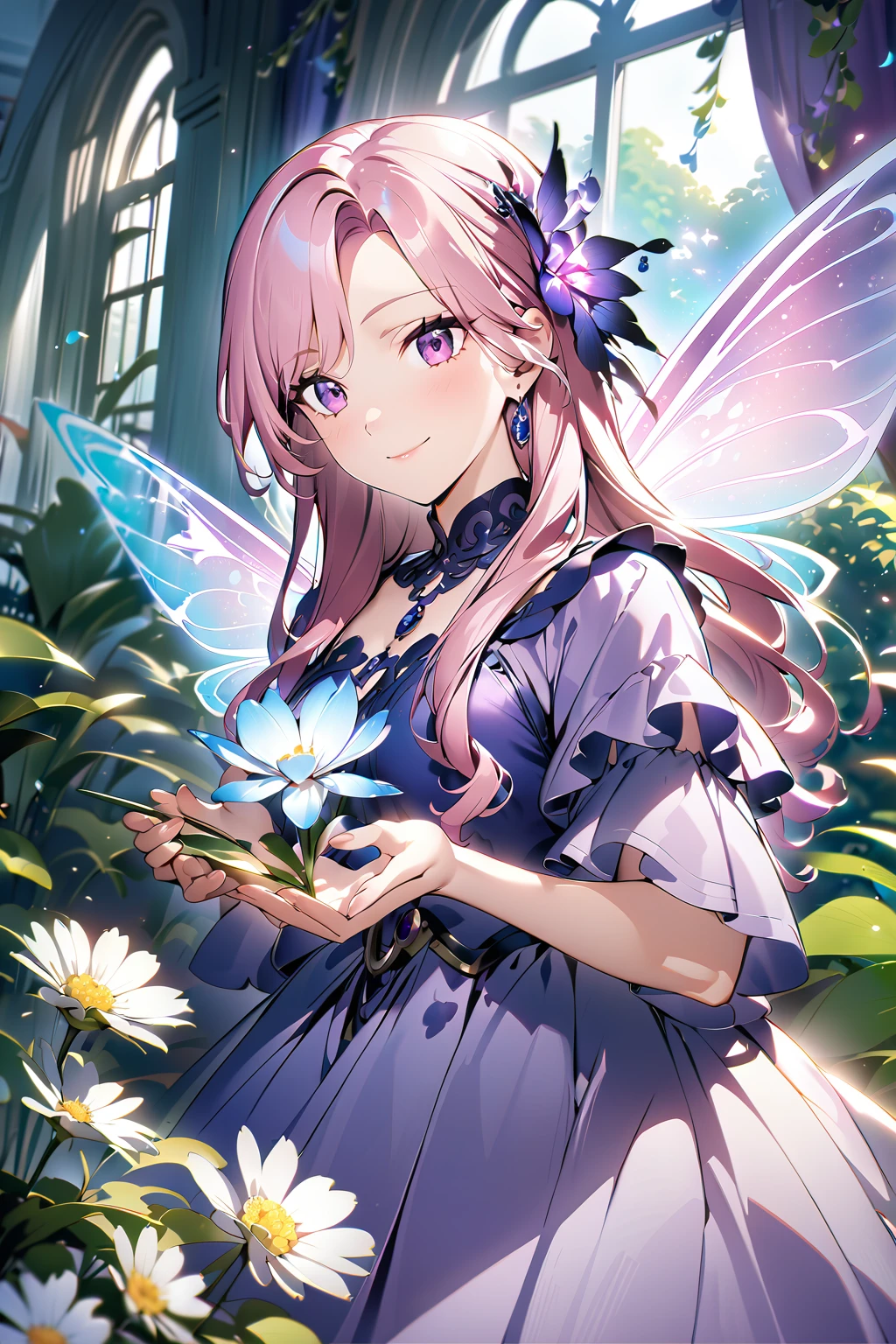 (超detailedなイラスト:1.2),Very delicate and beautiful，非常にdetailed，CG，Unity，8k wallpaper，wonderful，detailed，masterpiece，The best quality in the best condition，Official Art，非常にdetailed CG 8k Unbelievably ridiculous resolution,Beautiful and exquisite,High resolution，非常にdetailedな目と顔,Anime girl in a purple dress holding a vase in front of a window, Fairy portrait, Smiling like a fairy queen, Kschaert Krentz Key Art Feminine, Holding a magic flower, Fairy portrait, artwork in the style of Gwaiz, Gwaiz on pixiv artstation, Gwaiz, detailedなデジタルアニメアート
