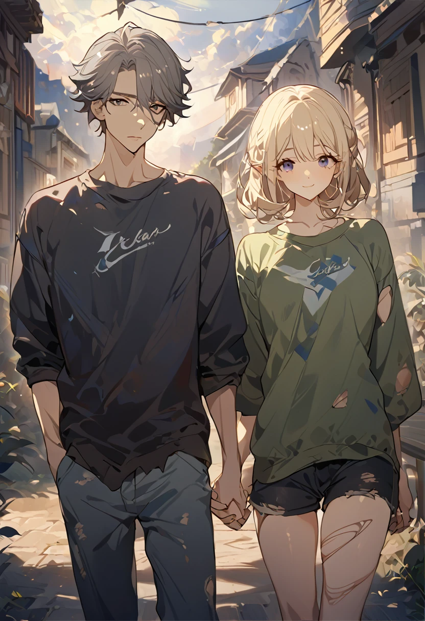 masterpiece, best quality, 8k ,4k, 2 boys, elf boys, long ears elf, twin elf, (one boy dark grayish hair with dark greenish eyes, torn and worn out clothes, thin body), (one boy light blond hair with dark bluish eyes, clean and neat clothes), stand side by side, holding hand, inspired by Asukaziye artist : ask, art style : ask