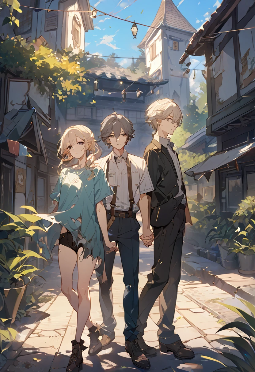 masterpiece, best quality, 8k ,4k, 2 boys, elf boys, long ears elf, twin elf, (one boy dark grayish hair with dark greenish eyes, torn and worn out clothes, thin body), (one boy light blond hair with dark bluish eyes, clean and neat clothes), stand side by side, holding hand, inspired by Asukaziye artist : ask, art style : ask