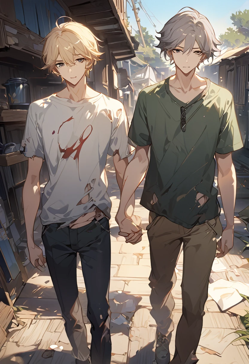 masterpiece, best quality, 8k ,4k, 2 boys, elf boys, long ears elf, twin elf, (one boy dark grayish hair with dark greenish eyes, torn and worn out clothes, thin body), (one boy light blond hair with dark bluish eyes, clean and neat clothes), stand side by side, holding hand, inspired by Asukaziye artist : ask, art style : ask