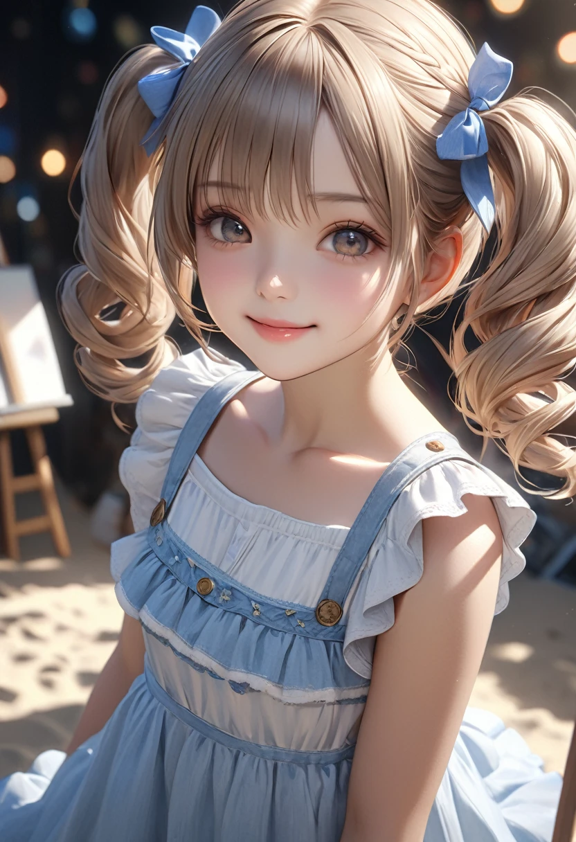 a cute angelic female, [soft fluffy braided hair], ribbons, (((twin tails))), summer-like, [bright colored tiered dress], [subtle skin exposure], sandy beach, light smile, (best quality,4k,8k,highres,masterpiece:1.2),ultra-detailed,(realistic,photorealistic,photo-realistic:1.37),HDR,UHD,studio lighting,ultra-fine painting,sharp focus,physically-based rendering,extreme detail description,professional,vivid colors,bokeh,portraits,