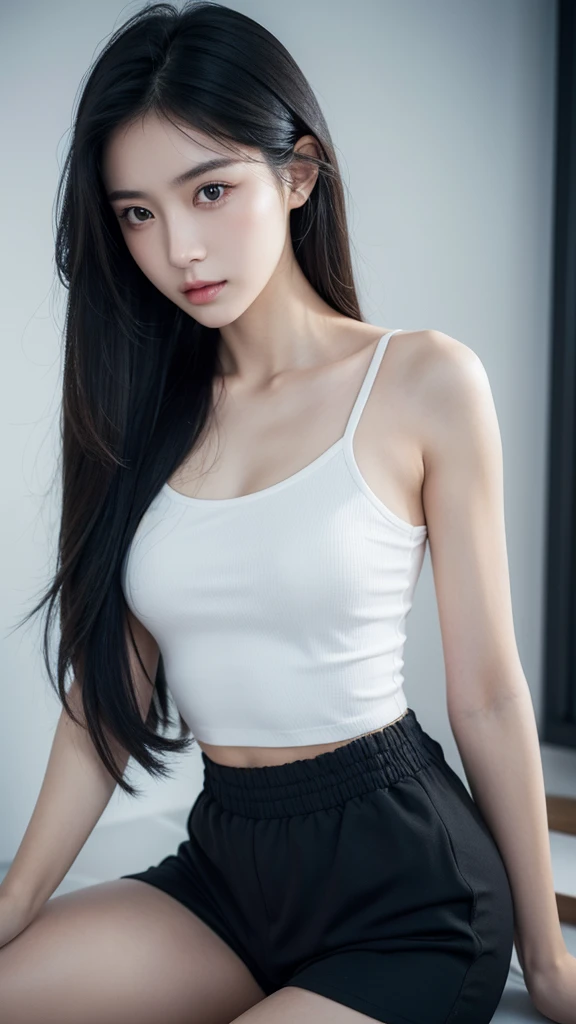 Quiet，Light makeup，Sexy，Peerless Beauty，Intellectual，clavicle，Neat long hair，Black Hair，Delicate face，Exquisite facial features，Natural expression，Natural eyes，sexy blue sports shorts