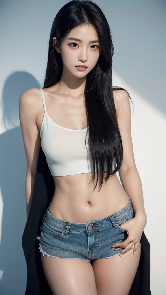 Quiet,Light makeup,Sexy,Peerless Beauty,Intellectual,clavicle,Neat long hair,Black Hair,Delicate face,Exquisite facial features,Natural expression,Natural eyes,sexy blue sports shorts