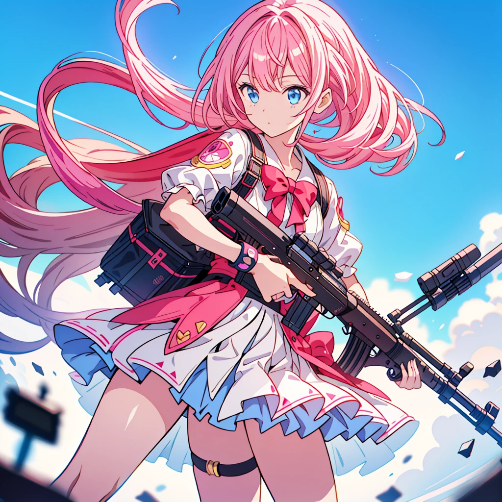 One girl、[17277fbe68],threatened hideo、high quality、Maximum details、(((最high quality、masterpiece、Official Art、Best dynamic composition)))、(Thin Hair)、(Tabletop, 最high quality), Very detailed, Anime Style, whole body, Cyberpunk Girl, Gripping a high-tech rifle, Milky white and pink hair, Sparkling blue eyes, Wearing a magical girl costume , 8K high resolution, Trend Art Station, White Background, Standing in the Wilderness, whole body,