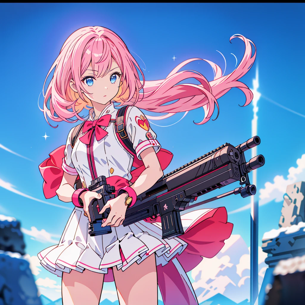 One girl、[17277fbe68],threatened hideo、high quality、Maximum details、(((最high quality、masterpiece、Official Art、Best dynamic composition)))、(Thin Hair)、(Tabletop, 最high quality), Very detailed, Anime Style, whole body, Cyberpunk Girl, Gripping a high-tech rifle, Milky white and pink hair, Sparkling blue eyes, Wearing a magical girl costume , 8K high resolution, Trend Art Station, White Background, Standing in the Wilderness, whole body,