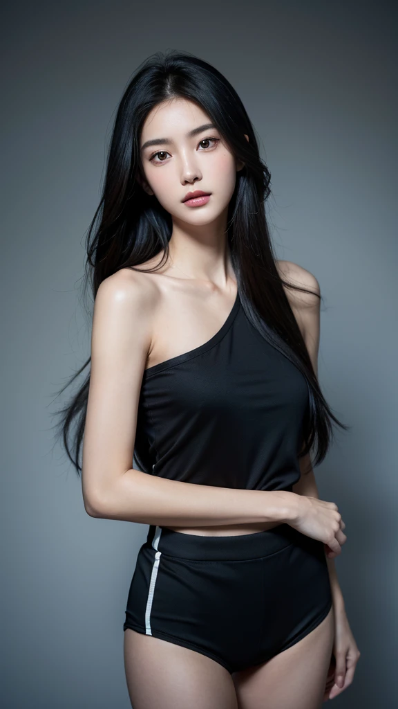 Quiet,Light makeup,Sexy,Peerless Beauty,Intellectual,clavicle,Neat long hair,Black Hair,Delicate face,Exquisite facial features,Natural expression,Natural eyes,sexy blue sports shorts
