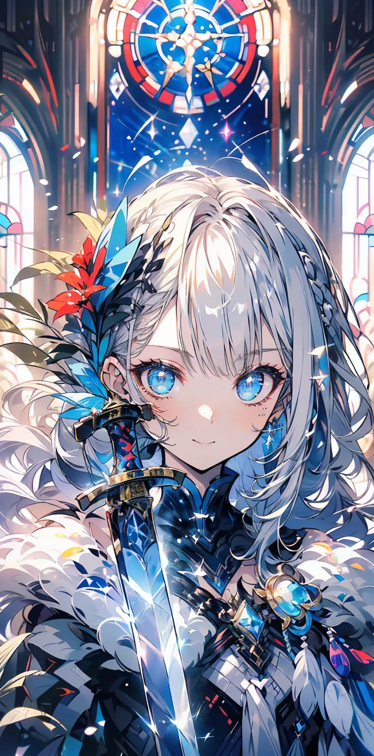 (official art、best quality、Unity 8k wallpaper、32k、Masterpiece、Super detailed、ultra high resolution、realistic、Realism、very funny:1.2)、(Cinema lighting:1.2)、fire effect、film particles、best shade、edge lighting、side lights、(Super detailed and complex 3D rendering)、Beautiful face and eyes、sharp pupils、realistic student、A slender one、1man woman、medium bust、(whole body:1.2)、 beautiful face、16 year old beautiful girl、(Super fine skin、Detailed skin texture:1.3)、(silver blonde、Blue-silver hair:1.3)、Paladin、long hair、blunt bangs、green eyes、3 braids 1 bundle、(blue armor、blue boots、Blue helmet、set with precious stones、gold embroidery)、A slender one、long skirt、(thighs thighs thighs thighs:0.8)、(Chis、in the house、Stained glass of art、Large pipe organ、hello、mystery、A lot of feathers floating、angelic、light particles、serious、Sunshine is、Colorful、fantastic:1.2)、(fantastic:1.3)、(Holding the Holy Sword:1.4)、fantastic、smile smile