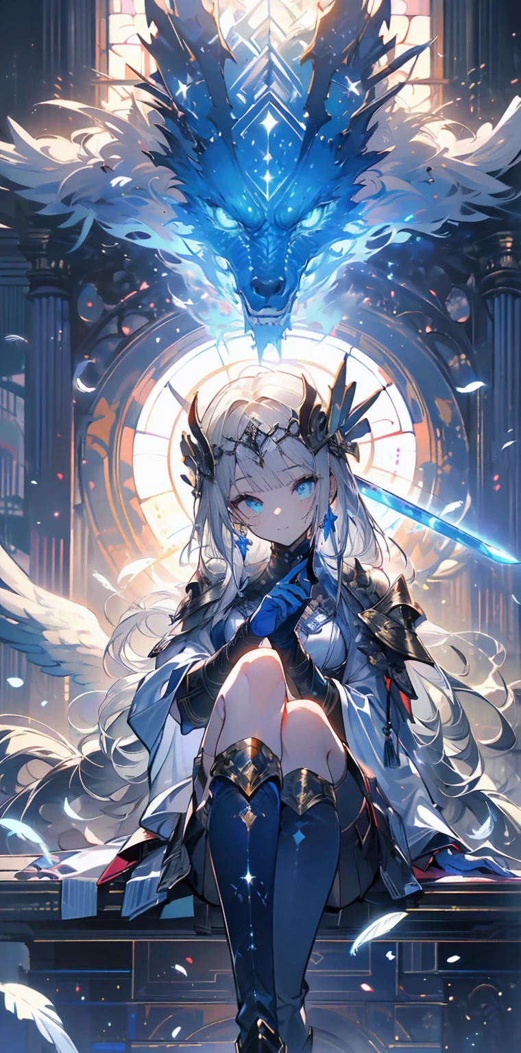 (official art、best quality、Unity 8k wallpaper、32k、Masterpiece、Super detailed、ultra high resolution、realistic、Realism、very funny:1.2)、(Cinema lighting:1.2)、fire effect、film particles、best shade、edge lighting、side lights、(Super detailed and complex 3D rendering)、Beautiful face and eyes、sharp pupils、realistic student、A slender one、1man woman、medium bust、(whole body:1.2)、 beautiful face、16 year old beautiful girl、(Super fine skin、Detailed skin texture:1.3)、(silver blonde、Blue-silver hair:1.3)、Paladin、long hair、blunt bangs、green eyes、3 braids 1 bundle、(blue armor、blue boots、Blue helmet、set with precious stones、gold embroidery)、A slender one、long skirt、(thighs thighs thighs thighs:0.8)、(Chis、in the house、Stained glass of art、Large pipe organ、hello、mystery、A lot of feathers floating、angelic、light particles、serious、Sunshine is、Colorful、fantastic:1.2)、(fantastic:1.3)、(Holding the Holy Sword:1.4)、fantastic、smile smile