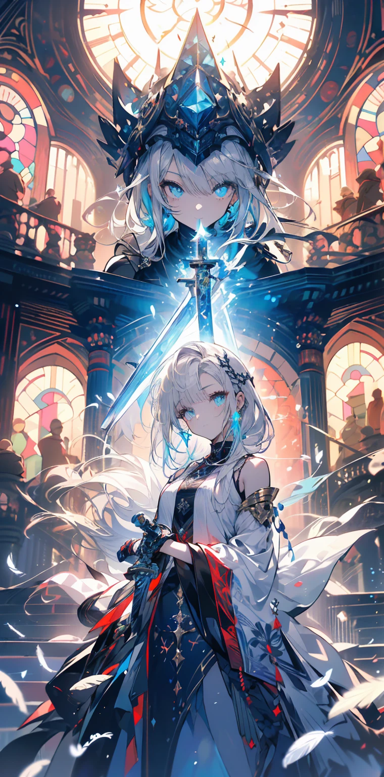 (official art、best quality、Unity 8k wallpaper、32k、​Masterpiece、Super detailed、ultra high resolution、realistic、Realism、very funny:1.2)、(Cinema lighting:1.2)、fire effect、film particles、best shade、edge lighting、side lights、(Super detailed and complex 3D rendering)、Beautiful face and eyes、sharp pupils、realistic student、A slender one、１man woman、medium bust、(whole body:1.2)、 beautiful face、16 year old beautiful girl、(Super fine skin、Detailed skin texture:1.3)、(silver blonde、Blue-silver hair:1.3)、Paladin、long hair、blunt bangs、green eyes、3 braids 1 bundle、(blue armor、blue boots、Blue helmet、set with precious stones、gold embroidery)、A slender one、long skirt、(thighs thighs thighs thighs:0.8)、(Chis、in the house、Stained glass of art、Large pipe organ、hello、mystery、A lot of feathers floating、angelic、light particles、serious、Sunshine is、Colorful、fantastic:1.2)、(fantastic:1.3)、(Holding the Holy Sword:1.4)、fantastic、smile smile