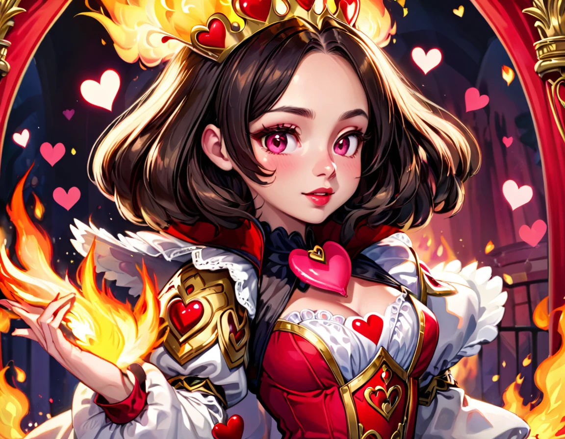 BREAK Perfect Anatomy、(High resolution:1.2)、Incredible illustrations、(Cute illustrations:1.2)、(Beautiful background)The Queen of Hearts strikes with her flaming right palm.
