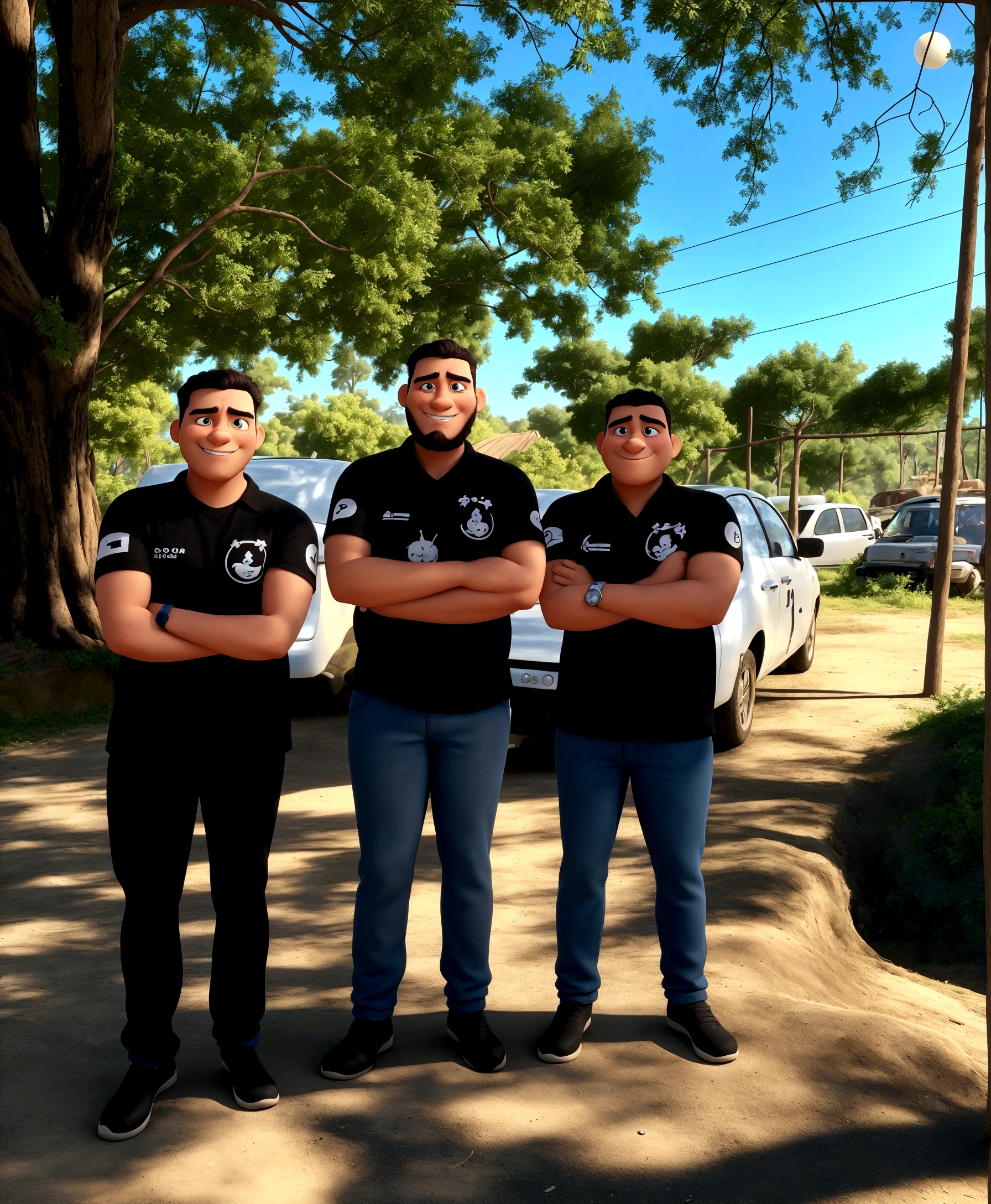 Left Character:

kor: approximately 25 years.
body hair: 小柄, hairstyle to the side.
muka: Young and friendly traits, com um leve sorriso.
outfit: Black t-shirt with logo on the left chest, black pants and dark sneakers.
stance: with arms crossed, displaying a confident posture.
Middle Character:

kor: approximately 30 years old.
body hair: 小柄, curly and slightly shaved on the sides.
Barba: complete, well cared.
muka: Soft and striking expressions, with a confident smile.
outfit: Black t-shirt with logo on the left chest, gray pants and black shoes.
stance: with arms crossed, displaying a confident posture e amigável.
Right Character:

kor: Approximately 28 years old, light brown.
body hair: 小柄, combed back.
muka: Defined features and a friendly smile.
outfit: Black t-shirt with logo on the left chest, blue jeans and dark sneakers.
stance: with arms crossed, com uma postura confiante.
Pixar-style:

visual style: Characters must be drawn with exaggerated features typical of Pixar, like big, expressive eyes, soft facial details and a cartoonish feel, but maintaining the similarity with the people in the image.
texture: texture de pele suave, with a slight bright hue.
colors: colors vibrantes e saturadas para a roupa, and natural tones for skin and hair.
enviroment:

fund: The background must be a stylized representation of the outdoor area with trees, cars and blue sky, but softened and colored in the Pixar style.