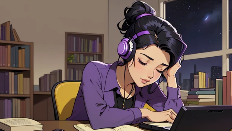 Beautiful woman in her 30s with black hair up is sitting with headphones in the library. Looking down, eyes closed, LOFI girl, alone in the room, purple blouse, relaxing mood, cozy, only five fingers, Well-proportioned face, Late night, night sky, book,