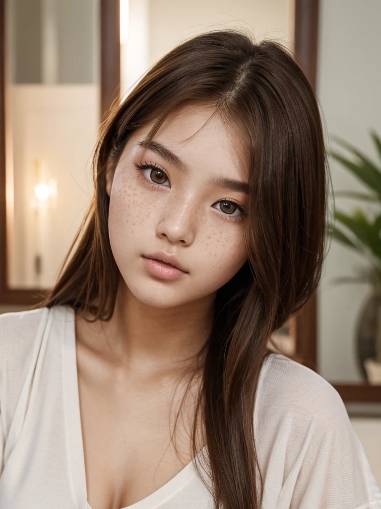 a beautiful young girl , height 5 feet 7 inch , brownish hair , hourglass body , lazy eyes , sharp nose and fat lips, 21 years old , well detailed , symetrical face,freckle on face ,thin, attractive,more vibrant , model face , lighter eyes, korean