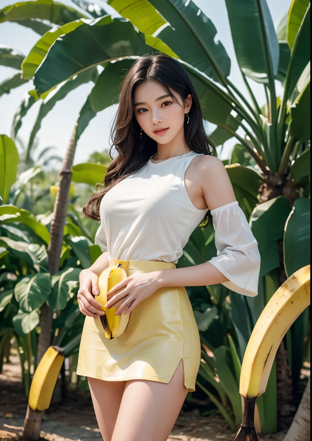 a beautiful Korean young girl, (((18 years young girl))), detailed face with beautiful eyes and lips, long black silky hair, stylish hair, hair pin, romantic Eyes, beautiful eyes, smiley face, very precious smile, happy face, glow face, perfect young round breasts, Bright and soft thighs, beautiful realistic knees, glow skin, bright skin, realistic skin, realistic smile, cutest smile, realistic body, Perfect Figure, realistic legs, realistic leg fingers, realistic arms, realistic hands, realistic hand fingers, (((Standing in beside banana tree orchard with banana bunch))), realistic banana orchard, realistic banana bunch, realistic banana, (detailed banana trees), (((detailed banana bunch))), ((many banana bunch in banana orchard)), (((yellow delicious bananas))), banana orchards in background, big orchards, clean orchard, ((girl hugs with banana bunch with both hands angle)) ((Pink Cap-Sleeve Round Neck Faux Pearl Crop Tank Top + Drawstring Waist Mini A-Line Skirt)), ((above knee length skirt)), ((detailed Buckled Zip-Up Plain Tube Top / Mini Skirt)), (((heart shape logo on dress))), standing, High resolution dress quality, stylish dress, detailed dress, ultra detailed dress, luxury dress, , stylish look, stylish angle, dynamic angle, dynamic pose, day light, photorealistic, realistic, masterpiece, ultra-detailed,8k, (best quality,8k,highres,masterpiece:1.2),ultra-detailed,(realistic,photorealistic,photo-realistic:1.37), highly detailed, cinematic lighting, vibrant colors, warm tones, masterpiece, highres, warm lighting, vibrant colors, soft focus, elegant, cinematic, highly detailed, professional digital art, UHD, Ultra HD, ultra realistic, hyper realistic, ultra sharp, vivid, realistic atmosphere, Beautiful rally atmosphere in background, beautiful background, detailed orchards background, hyper-detailed background, orchards, cinematic photography, award winning Photography, Very High Resolution picture quality, full-body shot,
