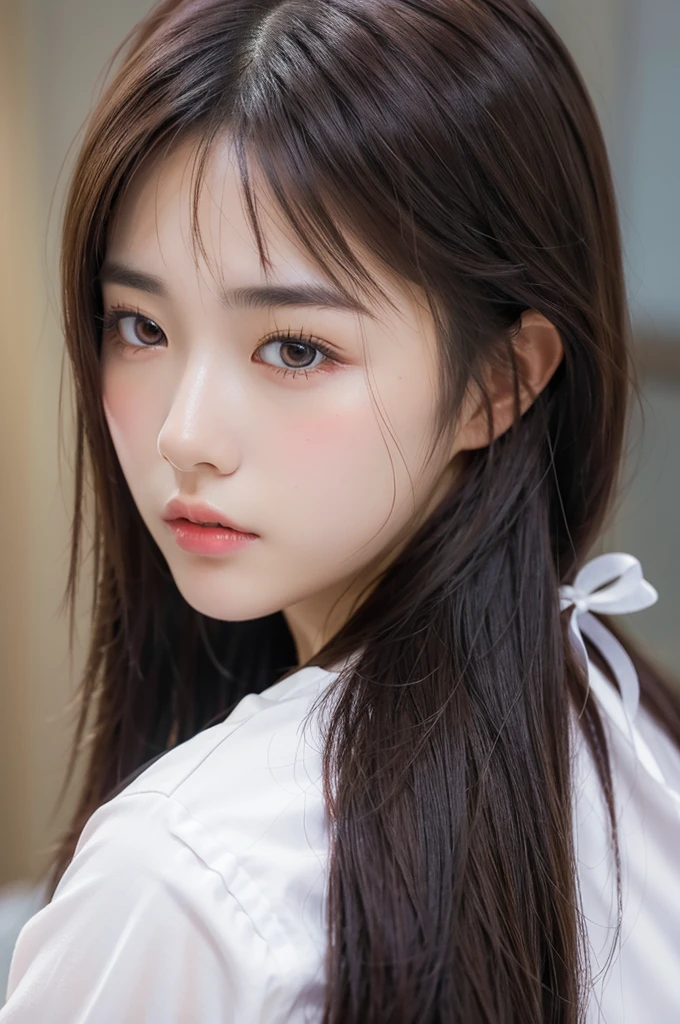 Girl,Double tail,close up,Bow,Photo effects,Graininess,8K,Hyperrealism,Ultra-clear,masterpiece,