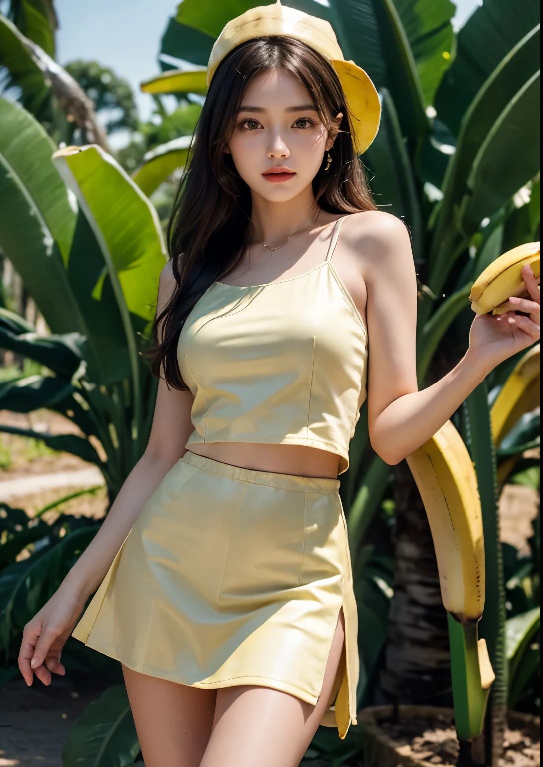a beautiful Korean young girl, (((22 years young girl))), detailed face with beautiful eyes and lips, long black silky hair, stylish hair, hair pin, romantic Eyes, beautiful eyes, smiley face, very precious smile, happy face, glow face, perfect young round breasts, Bright and soft thighs, beautiful realistic knees, glow skin, bright skin, realistic skin, realistic smile, cutest smile, realistic body, Perfect Figure, realistic legs, realistic leg fingers, realistic arms, realistic hands, realistic hand fingers, (((Standing in beside banana tree orchard with banana bunch))), realistic banana orchard, realistic banana bunch, realistic banana, (detailed banana trees), (((detailed banana bunch))), ((many banana bunch in banana orchard)), (((yellow delicious bananas))), banana orchards in background, big orchards, clean orchard, ((girl hugs with banana bunch with both hands angle)) ((Pink Cap-Sleeve Round Neck Faux Pearl Crop Tank Top + Drawstring Waist Mini A-Line Skirt)), ((above knee length skirt)), ((detailed Buckled Zip-Up Plain Tube Top / Mini Skirt)), (((heart shape logo on dress))), standing, High resolution dress quality, stylish dress, detailed dress, ultra detailed dress, luxury dress, , stylish look, stylish angle, dynamic angle, dynamic pose, day light, photorealistic, realistic, masterpiece, ultra-detailed,8k, (best quality,8k,highres,masterpiece:1.2),ultra-detailed,(realistic,photorealistic,photo-realistic:1.37), highly detailed, cinematic lighting, vibrant colors, warm tones, masterpiece, highres, warm lighting, vibrant colors, soft focus, elegant, cinematic, highly detailed, professional digital art, UHD, Ultra HD, ultra realistic, hyper realistic, ultra sharp, vivid, realistic atmosphere, Beautiful rally atmosphere in background, beautiful background, detailed orchards background, hyper-detailed background, orchards, cinematic photography, award winning Photography, Very High Resolution picture quality, full-body shot,