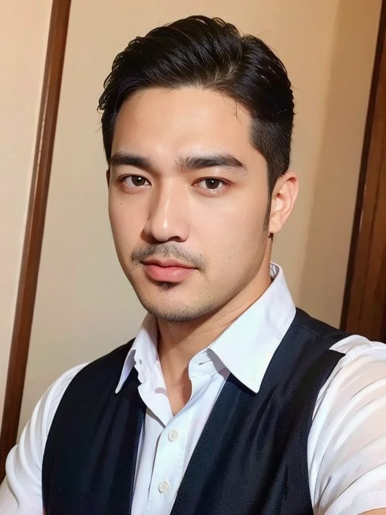 masterpiece, best quality, high resolution, realistic, handsome, photogenic, syahnk, SFW, a photo of a 35 year old frat (man:1.2) portrait, , military press, weights, stunning , short buzzcut hair,stubble head , (hypermuscle),looking at the viewer, flirting with the camera, charming, (tight white shirt ),(GS-Masculine:1), 8K UHD , ยืนในห้องอาหาร