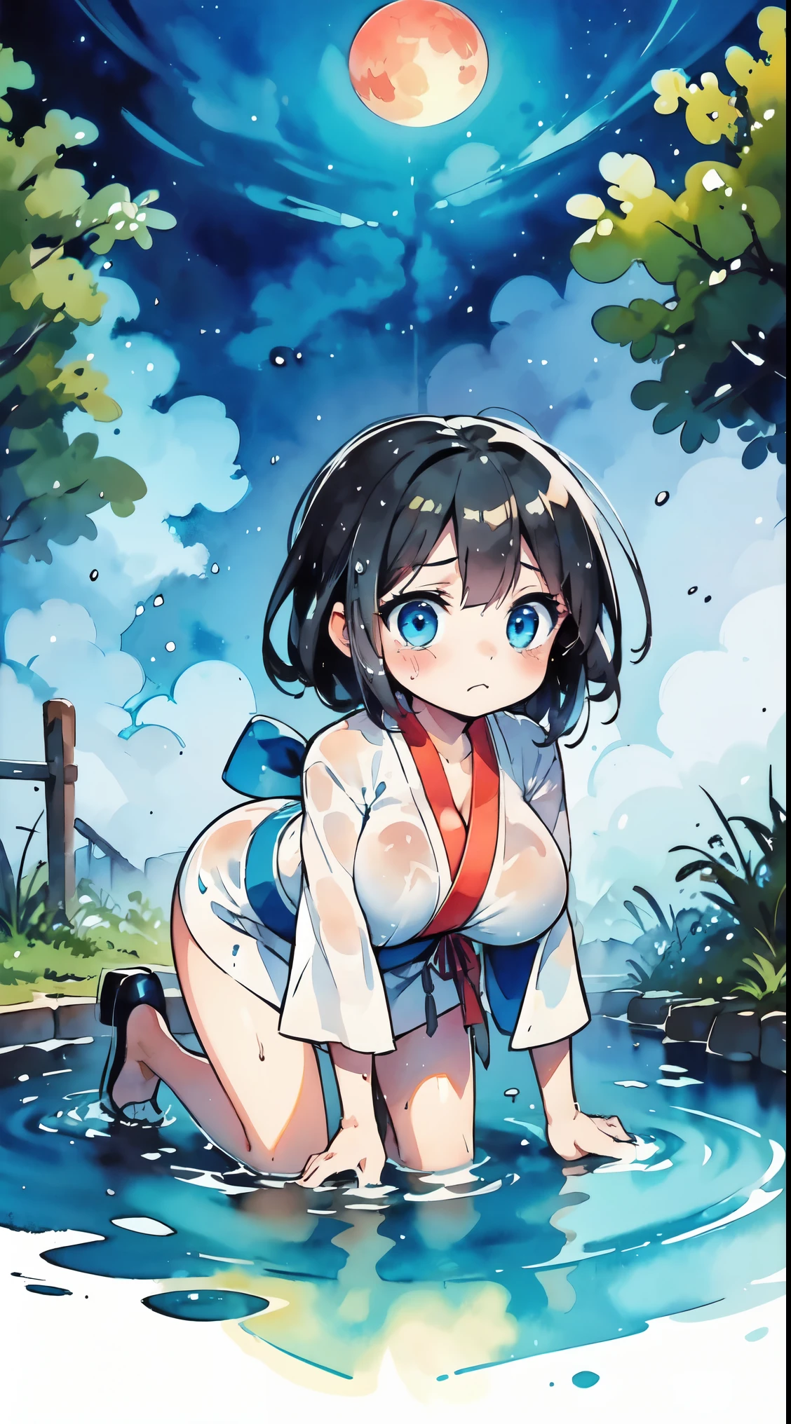 (8k, RAW photo, best quality, masterpiece, highres, absurdres, ultra detailed:1.3), (Photography, realistic, photo-realistic:1.4), (beautiful natural lighting, beautiful deatailed shadow, beautiful detailed glow :1.4), atmospheric, (chibi,full body:1.6),
BREAK, 1 beautiful girl,,(kawaii:1.5),(Chibi:0.5),(cute:2),(change:2),(12 year old girl),(huge breasts:1.65), (A detailed eye,Tsuriformes:1.2),(black hair,Long ha,Deco:1.8), star eye silhouette, (long eyelashes, Double eyelids:1.2), cleavage, ,Swaying udder, Clear skin, Beautiful skin, Shy, Erect ,Clear skin, Beautiful skin, Shy, gleaming skin,(ghostly atmosphere,sad face, resentful face:1.25),
BREAK (Japanese garden, trees, good mist, old well, wet girl coming out of the well, long white wet kimono,wet kimono sash,wet messy hair, falling flat, red moon, night,:1.45),(On all fours, face hidden by bangs,midnight:1.5),(Both eyes wide open, both eyes stinging:1.45 ),(drooping head:1.6), Neo-Armstrong Cyclone Jet Armstrong cannon on the ground,
BREAK wakame,wakame,wakame,(cowboy shot,from front:1.4), BREAK manga illustration.media,manga style,(ultra rich intricately proper sketch+pastel+airbrush+colored pencil:1.1),(ultra highres composition details:1.2),(water color:1.15),