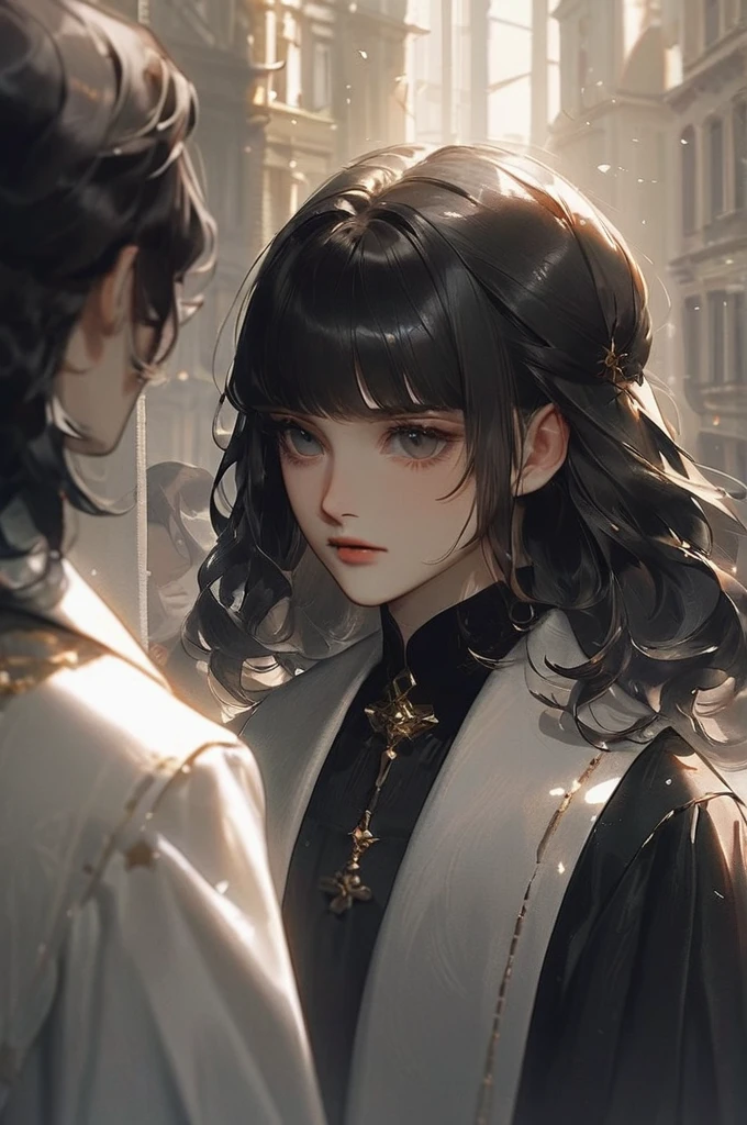 ((Лучшее качество)), ((шедевр)), (подробный), A guy with dark hair put a gun to the lips of a dark-haired girl