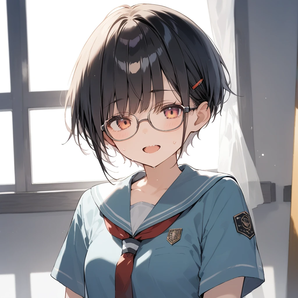 score_9, score_8_up, score_7_up, source_anime, best quality, masterpiece, official art, absurdres, highres, ultra-detailed,waifu2x,Collection: Slice of Life,break,1girl, very short hair,pixie cut, long bangs, glasses, uniform, small breasts, sweat, open mouth, (wavy mouth:0.3), indoors, gym, summer, break,(clear line illustration:1.2),very high resolution, very aesthetic, super detailed skin, Best sexual lighting powered by famous artist, 8k,cute picture,beauty illustration,photoshop_(medium),,(Detailed Lighting),best anime 8k konachan wallpaper, pixiv contest winner, 