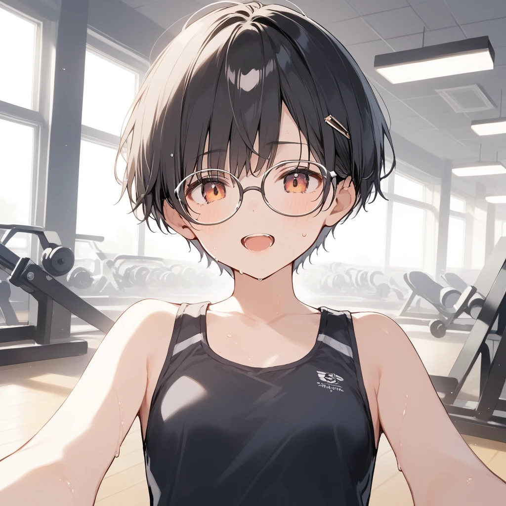 score_9, score_8_up, score_7_up, source_anime, best quality, masterpiece, official art, absurdres, highres, ultra-detailed,waifu2x,Collection: Slice of Life,break,1girl, very short hair,pixie cut, long bangs, glasses, uniform, small breasts, sweat, open mouth, (wavy mouth:0.3), indoors, gym, summer, break,(clear line illustration:1.2),very high resolution, very aesthetic, super detailed skin, Best sexual lighting powered by famous artist, 8k,cute picture,beauty illustration,photoshop_(medium),,(Detailed Lighting),best anime 8k konachan wallpaper, pixiv contest winner, 
