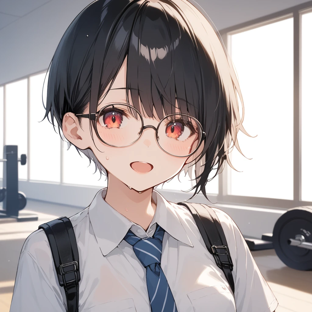 score_9, score_8_up, score_7_up, source_anime, best quality, masterpiece, official art, absurdres, highres, ultra-detailed,waifu2x,Collection: Slice of Life,break,1girl, very short hair,pixie cut, long bangs, glasses, uniform, small breasts, sweat, open mouth, (wavy mouth:0.3), indoors, gym, summer, break,(clear line illustration:1.2),very high resolution, very aesthetic, super detailed skin, Best sexual lighting powered by famous artist, 8k,cute picture,beauty illustration,photoshop_(medium),,(Detailed Lighting),best anime 8k konachan wallpaper, pixiv contest winner, 