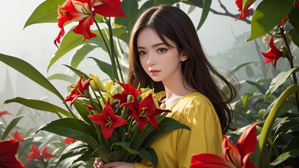 32k, Masterpiece, Highest quality, One girl, Brown Hair, Detailed eyes, flower,Amaryllis, Red and lime green style,A dreamy, romantic piece,Pale yellow, Mysterious Leaves,A playful arrangement,Fantasy,High Contrast,Ink strokes,explosion,Exposure, Impression of red and yellow-green tones,Abstract, Brush strokes,Negative Space, Tyndall effect