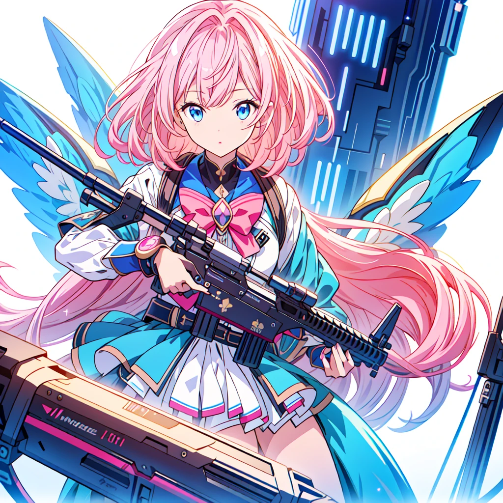 One girl、[17277fbe68],He threatened Hideo.、high quality、Maximum details、(((最high quality、masterpiece、Official Art、Best dynamic composition)))、(Thin Hair)、(Tabletop, 最high quality), Very detailed, Anime Style, whole body, Cyberpunk Girl, Gripping a high-tech rifle, Milky white and pink hair, Sparkling blue eyes, Wearing a magical girl costume , 8K high resolution, Trend Art Station, White Background, Standing in the Wilderness, whole body,