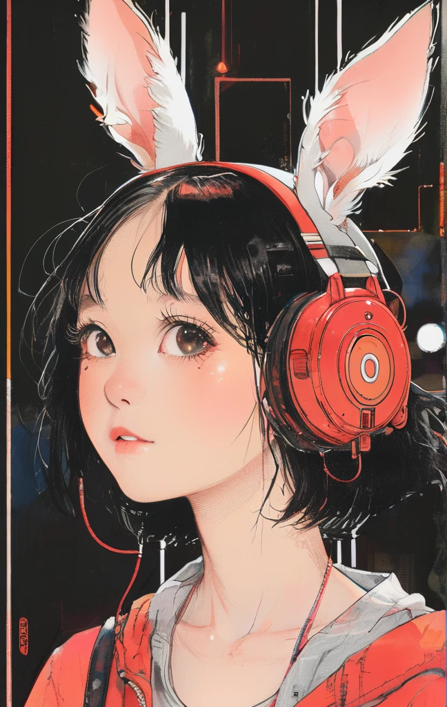 On a bright red campus"YES"Character、beautiful illustration, best quality, cute girl, bedroom, pastel color, fluffy bunny ears, , silver long hair, rabbit stuffed toy, bright lighting, light pink eyes、alone, One girl, profile,Black Bob,　profile,  The background color is solid yellow,An illustration